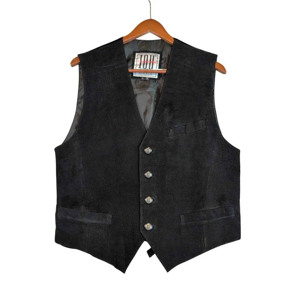 Vintage IOU Black Suede Leather Vest Mens Md 4 Button Cinch Back Western Goth